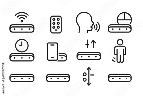 Smart Light Icon Set. Outline icon set of Smart under-cabinet lights: Wi-Fi control, remote control, voice