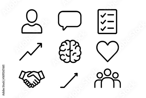 Behavioral Coaching Icons. Outline icon set of behavioral coaching: coach figure, speech bubble, checklist,