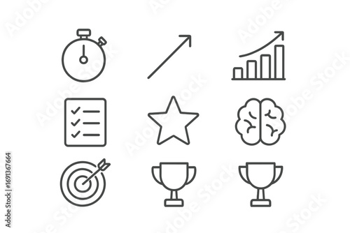 Performance Coaching Icons. Outline icon set of performance improvement coaching: stopwatch, upward arrow, bar