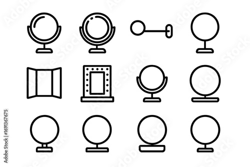 Cosmetic Mirror Icons. Outline icon set of Cosmetic mirror types: magnifying mirror, LED mirror, wall-mounted