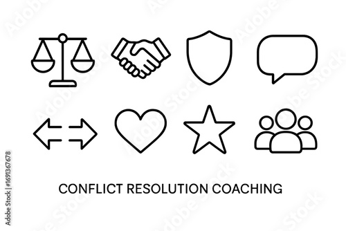 Conflict Resolution Icons. Outline icon set of conflict resolution coaching: balance scale, handshake, shield,