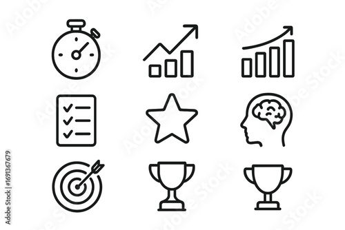 Performance Coaching Icons. Outline icon set of performance improvement coaching: stopwatch, upward arrow, bar