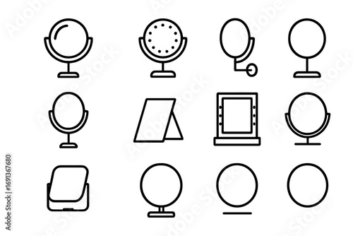 Cosmetic Mirror Icons. Outline icon set of Cosmetic mirror types: magnifying mirror, LED mirror, wall-mounted
