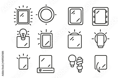 Lighting Icon Set. Outline icon set of Lighting for mirrors: LED strip, ring light, dimmable light, daylight