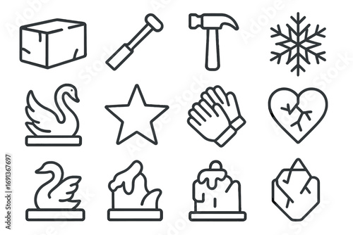 Winter Ice Sculpture Icons. Outline icon set of ice sculptures for winter celebrations: ice block, chisel,