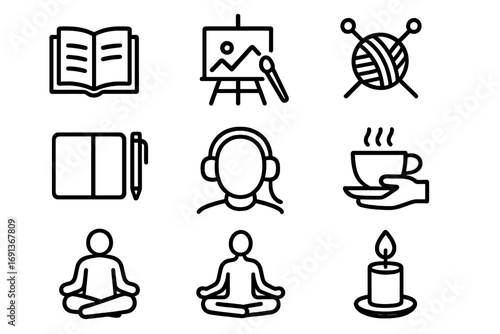 Indoor Relaxation Icons. Outline icon set of Relaxing indoor activities: reading, drawing, knitting,