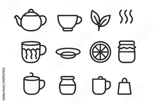 Tea Time Icons. Outline icon set of Tea time inspiration: teapot, teacup, tea leaves, steam, cozy mug, saucer,