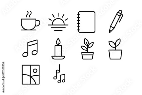 Daily Inspiration Icons. Outline icon set of Daily inspirations: coffee cup, sunrise, sketchbook, pen, music