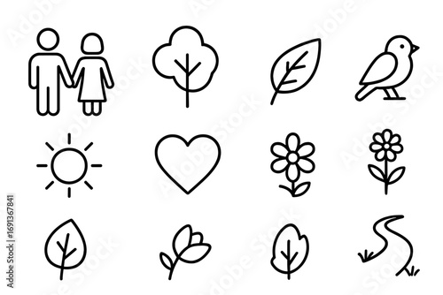 Nature Icons Grid. Outline icon set of a couple enjoying quiet moments in nature: couple holding hands, tree,