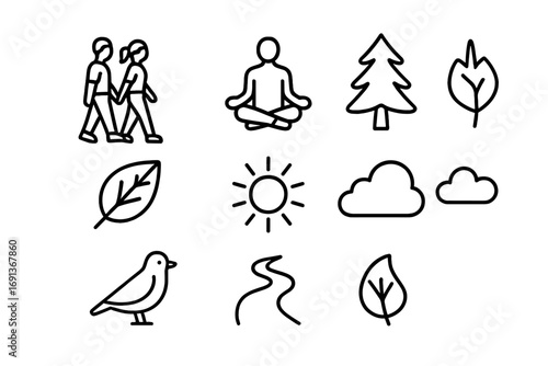 Mindful Walks Icons. Outline icon set of mindful walks in the forest: couple, lotus pose, tree, leaf, sun,