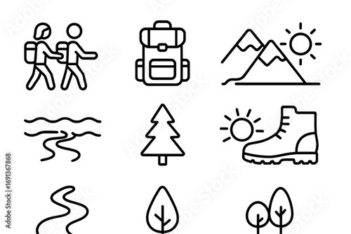 Hiking Icon Set. Outline icon set of hiking together: couple, backpack, mountain, river, tree, sun, boot,