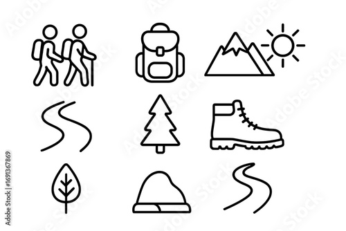 Hiking Icon Set. Outline icon set of hiking together: couple, backpack, mountain, river, tree, sun, boot,