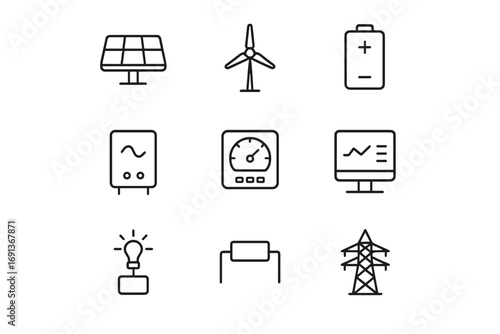 Energy Flow Icons. Outline icon set of Energy flow monitoring: solar panel, wind turbine, battery, inverter,
