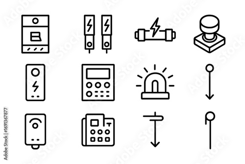 Microgrid Safety Icons Grid. Outline icon set of Microgrid safety components: circuit breaker, surge protector