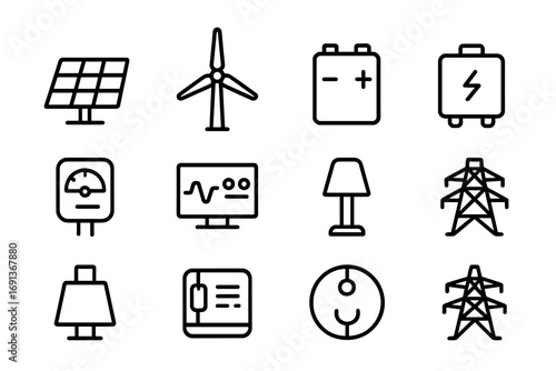 Energy Flow Icons. Outline icon set of Energy flow monitoring: solar panel, wind turbine, battery, inverter,