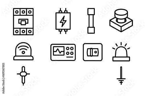 Microgrid Safety Icons Grid. Outline icon set of Microgrid safety components: circuit breaker, surge protector