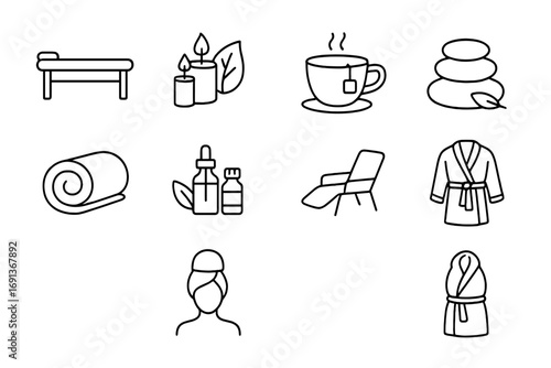 Spa Retreat Icons. Outline icon set of Spa and wellness retreats: massage table, scented candles, herbal tea,