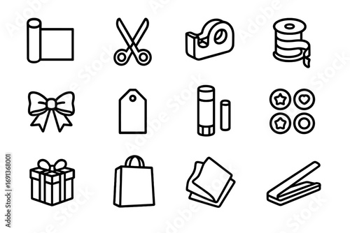 Gift Wrapping Tools. Outline icon set of Gift wrapping station for holiday exchange: wrapping paper roll, scissors, tape dispenser