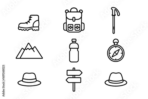 Hiking Gear Icons. Outline icon set of hiking and trekking: boots, backpack, stick, mountain, water bottle,