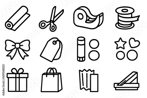 Gift Wrapping Tools. Outline icon set of Gift wrapping station for holiday exchange: wrapping paper roll, scissors, tape dispenser