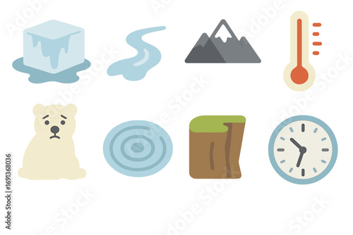 Glacier Melting Icons. Flat vector mini-illustrations Glacier melting and retreat in colors children’s illustrations: glacier