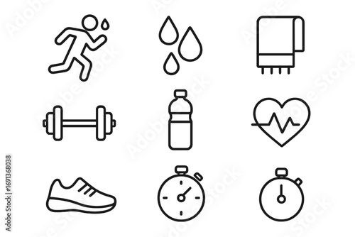 Exercise Icon Set. Outline icon set of Exercise and sweating: running person, sweat droplets, gym weights,