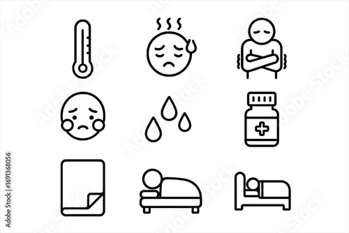 Fever Symptoms Icons. Outline icon set of Fever symptoms: thermometer, hot face, shivering body, flushed