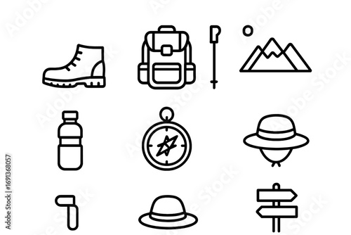 Hiking Gear Icons. Outline icon set of hiking and trekking: boots, backpack, stick, mountain, water bottle,