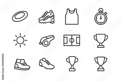 Ultimate Frisbee Icons. Outline icon set of ultimate frisbee: frisbee disc, sneakers, jersey, stopwatch, sun,