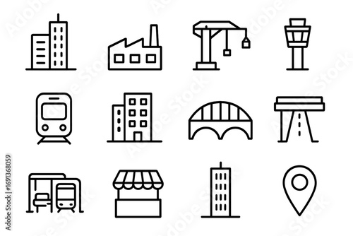 Global City Icons. Outline icon set of global cities and migration hubs: skyscraper, factory, port crane, airport tower, subway