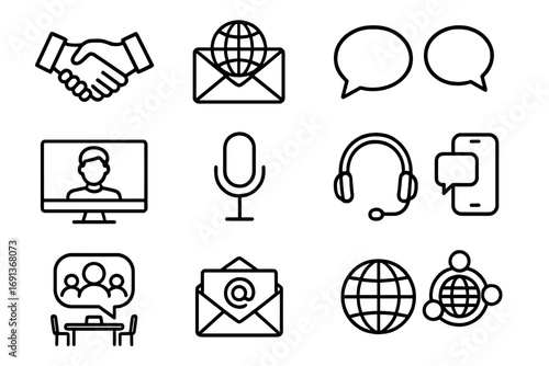 Global Communication Icons. Outline icon set of international communication: handshake, envelope with globe, speech bubbles, video