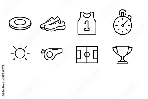 Ultimate Frisbee Icons. Outline icon set of ultimate frisbee: frisbee disc, sneakers, jersey, stopwatch, sun,