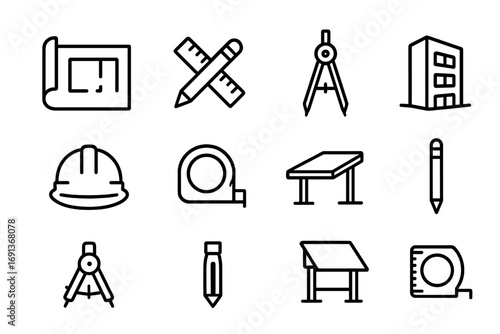 Architect Tools Icons. Outline icon set of Architects and designers: blueprint, ruler, pencil, compass,