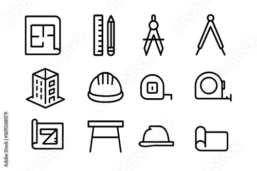 Architect Tools Icons. Outline icon set of Architects and designers: blueprint, ruler, pencil, compass,