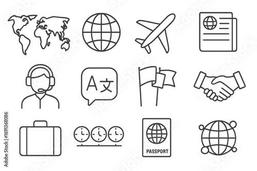 Global Journalism Icons. Outline icon set of global journalism: world map, globe with latitude lines, airplane, international