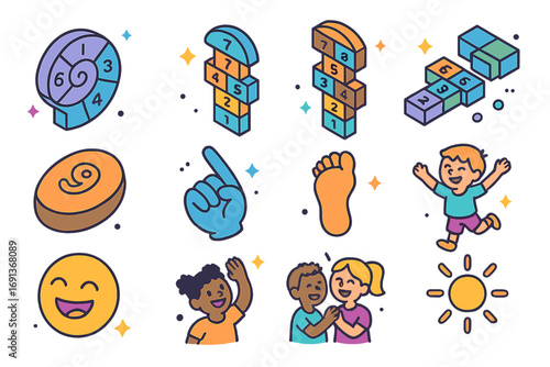 Global Hopscotch Icons. Colorful isometric vector icons set of global variations of hopscotch: French escargot grid, Indian stapoo