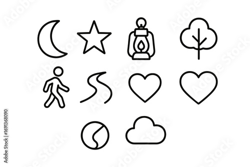 Evening Relaxation Icons. Outline icon set of evening relaxation walks: moon, star, lantern, tree, person