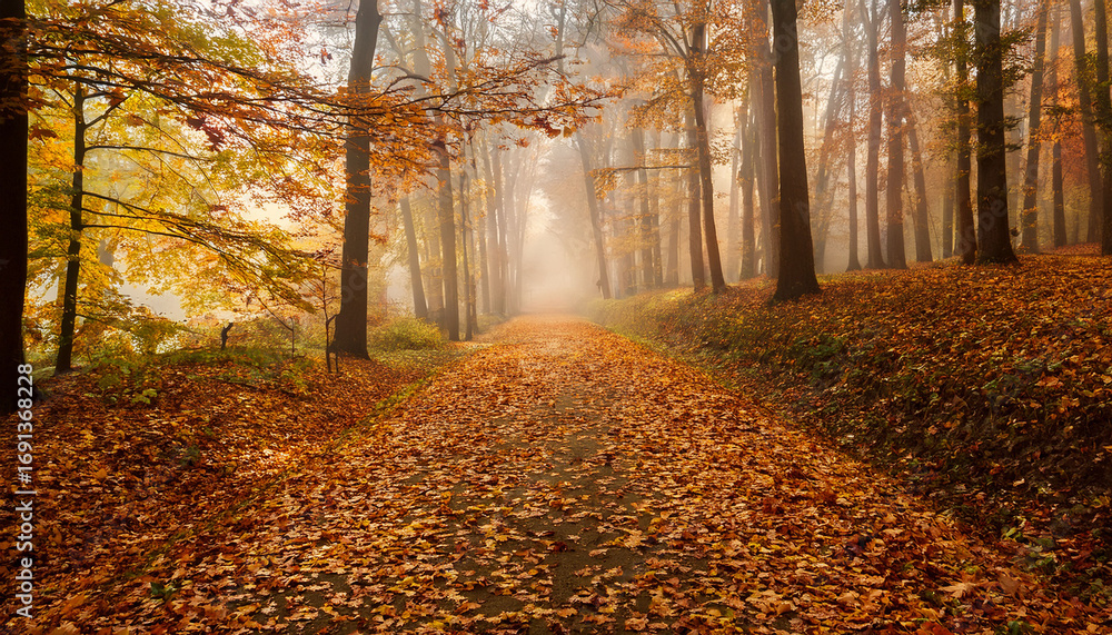Fototapeta premium Serene Autumn Landscape With Falling Leaves Tranquil Forest Path And Soft Mist In The Background