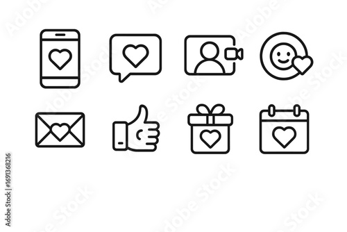 Digital Romance Icons. Outline icon set of Digital romance: smartphone, chat bubble, video call, heart emoji,