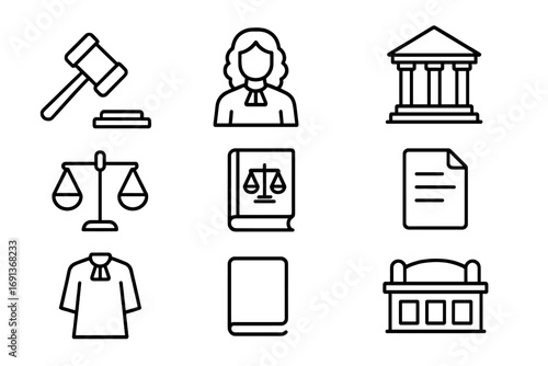 Judicial Icons Set. Outline icon set of the role of judges in the justice system: gavel, judge figure,