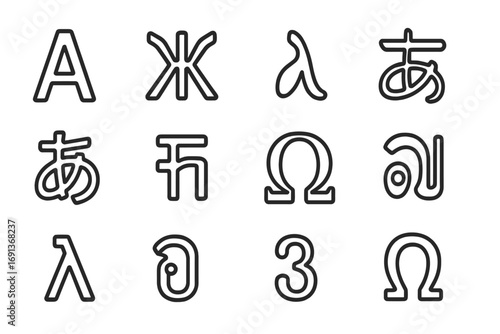 Global Writing Icons. Outline icon set of writing systems: Latin alphabet A, Cyrillic Ж, Arabic letter, Chinese character,