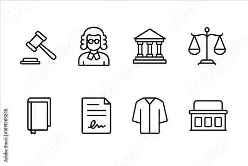 Judicial Icons Set. Outline icon set of the role of judges in the justice system: gavel, judge figure,