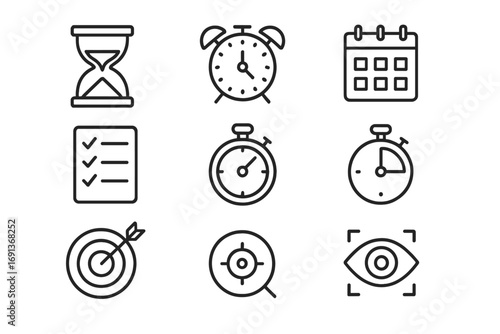 Time Management Icons. Outline icon set of Time scarcity & focus: hourglass, alarm clock, calendar, checklist,