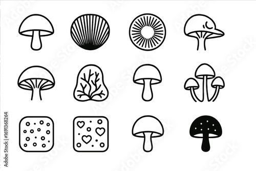 Glowing Fungi Icons. Outline icon set of Bioluminescent fungi close-up photography: extreme macro mushroom cap, glowing gill