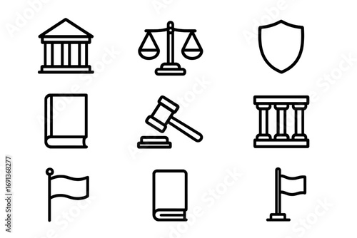 Constitutional Law Icons. Outline icon set of constitutional law courts: courthouse, scales, document, shield,