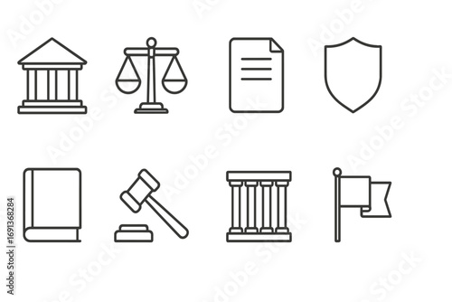 Constitutional Law Icons. Outline icon set of constitutional law courts: courthouse, scales, document, shield,