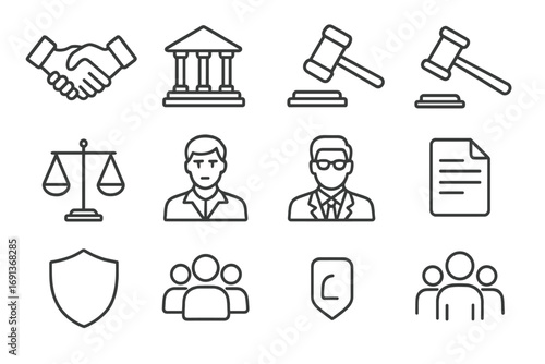Court Icons Collection. Outline icon set of dispute resolution in courts: handshake, courthouse, gavel, scales
