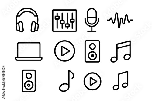 Music Production Icons. Outline icon set of music production: headphones, sound mixer, microphone, waveform,