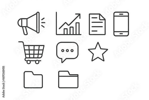 Content Marketing Icons. Outline icon set of content marketing: megaphone, graph, document, smartphone,