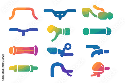 Gradient Handlebar Icons. Gradient icons set of bicycle and motorcycle handlebars: drop bar, flat bar, riser bar, brake lever,